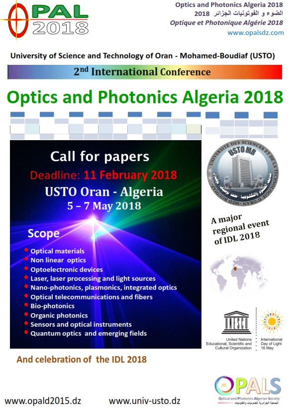 Call for papers OPAL 2018 (Optics and Photonics Algeria) USTO